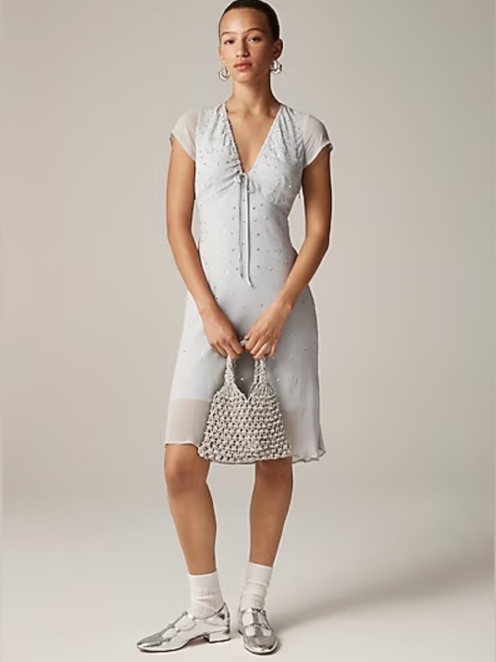 J. Crew Embellished Dove Grey Chiffon Short Sleeve Midi Slip Dress NWT